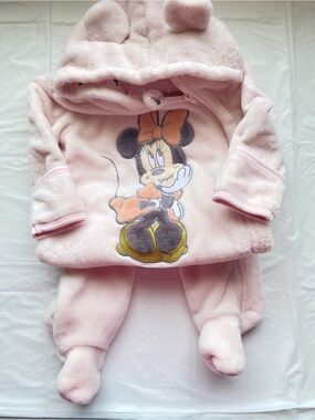 Disney Baby Minnie Mouse Fuzzy Fleece Hooded Pram Suit Bunting Footie Pink 6-9M